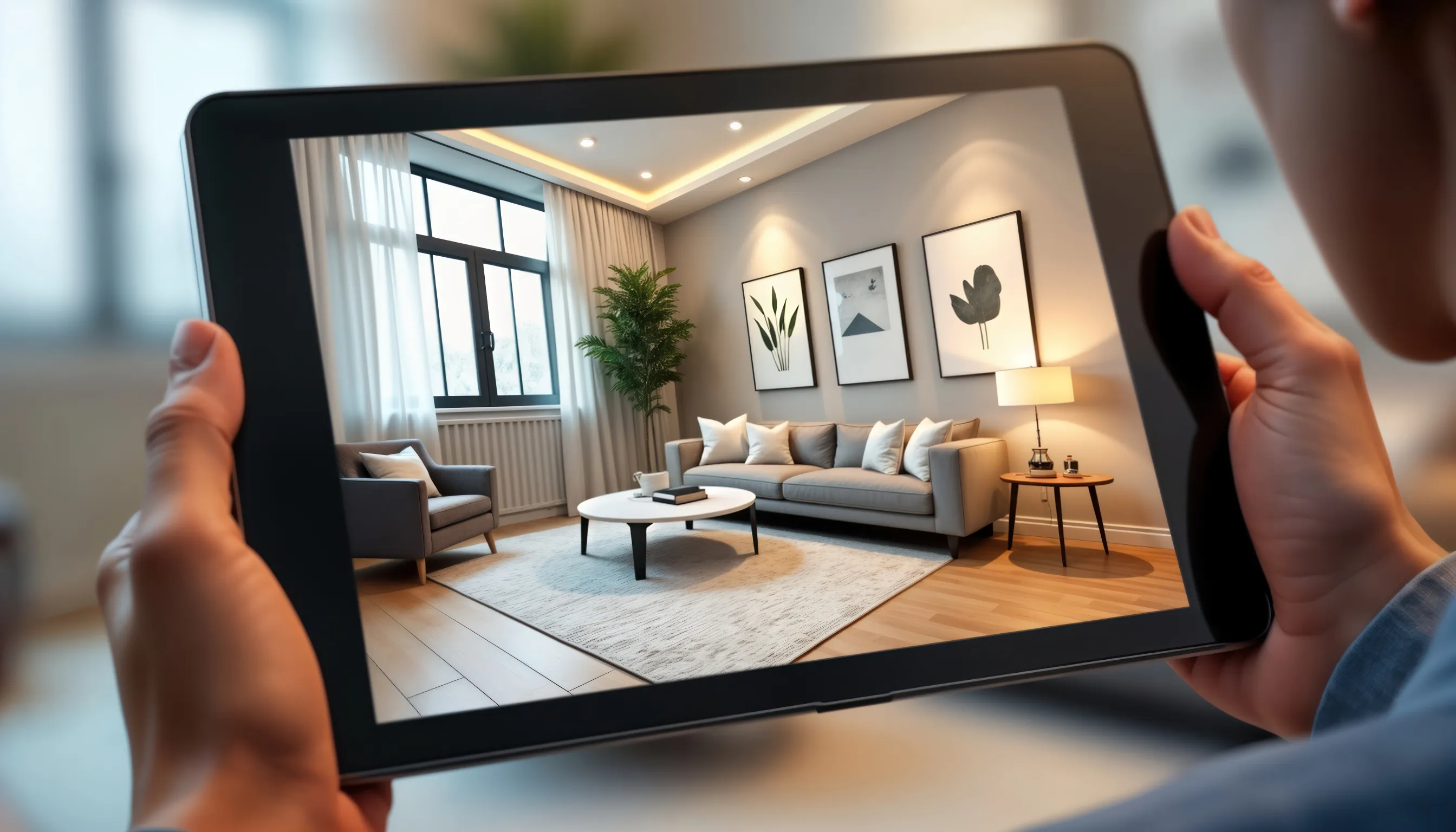 Hands holding a tablet showing a staged living room interior, illustrating a virtual home-tour experience on the device’s screen.